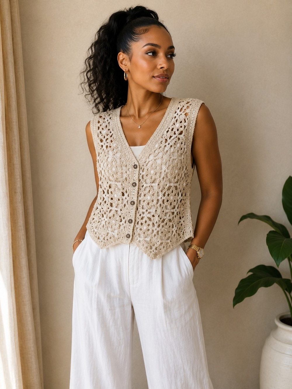 New POL Beige Crochet Knit Button-Front Vest